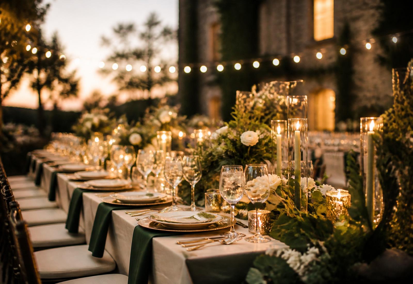 Elegant outdoor reception at golden hour with candles and greenery
